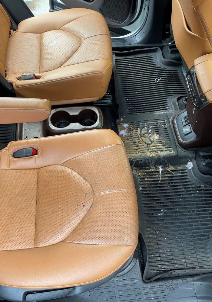 Polished leather seat after professional car cleaning in Florida